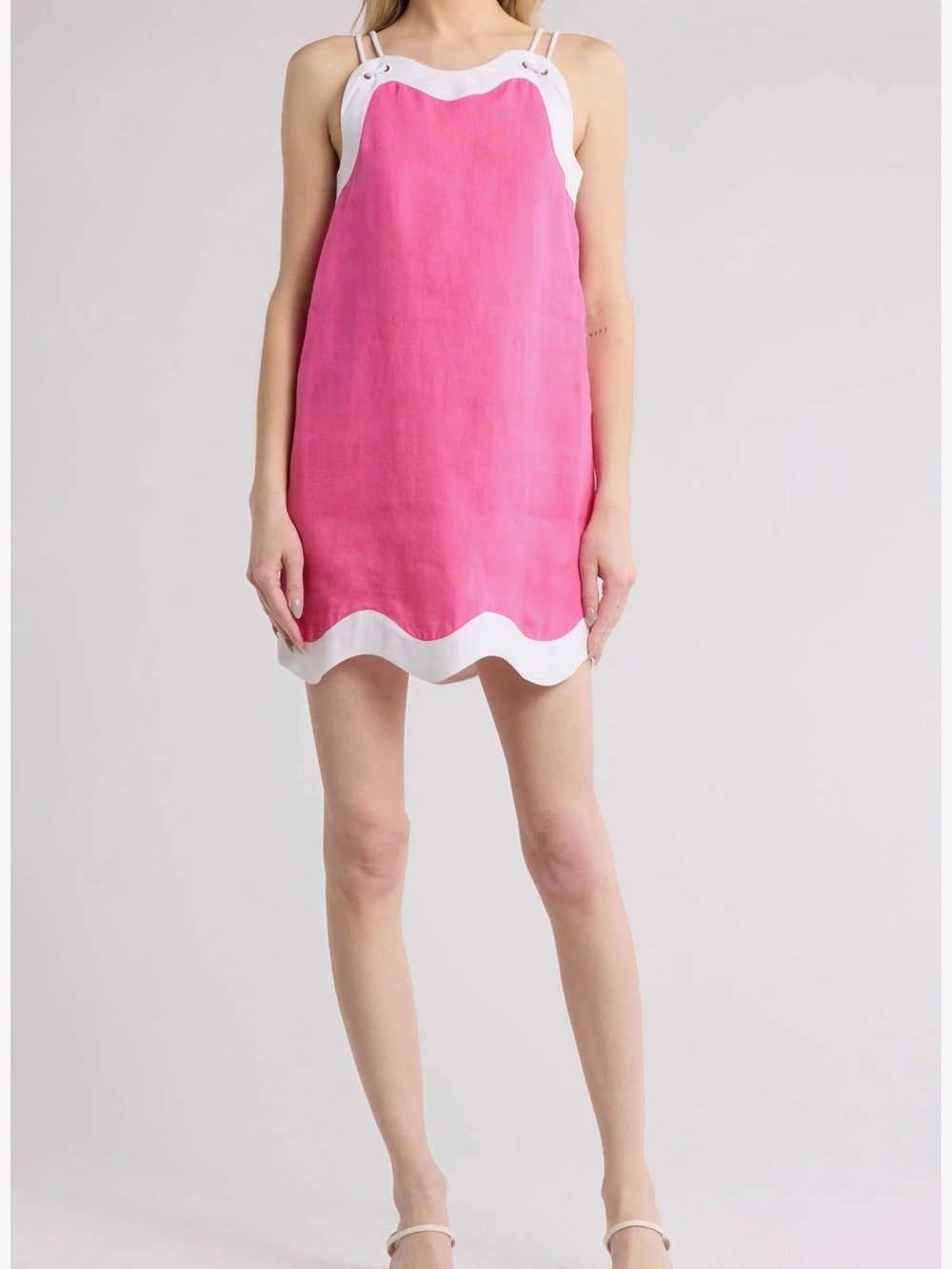 Aureum/Staud Pink Sleeveless Scallop-Hem Mini Dress - White Trim